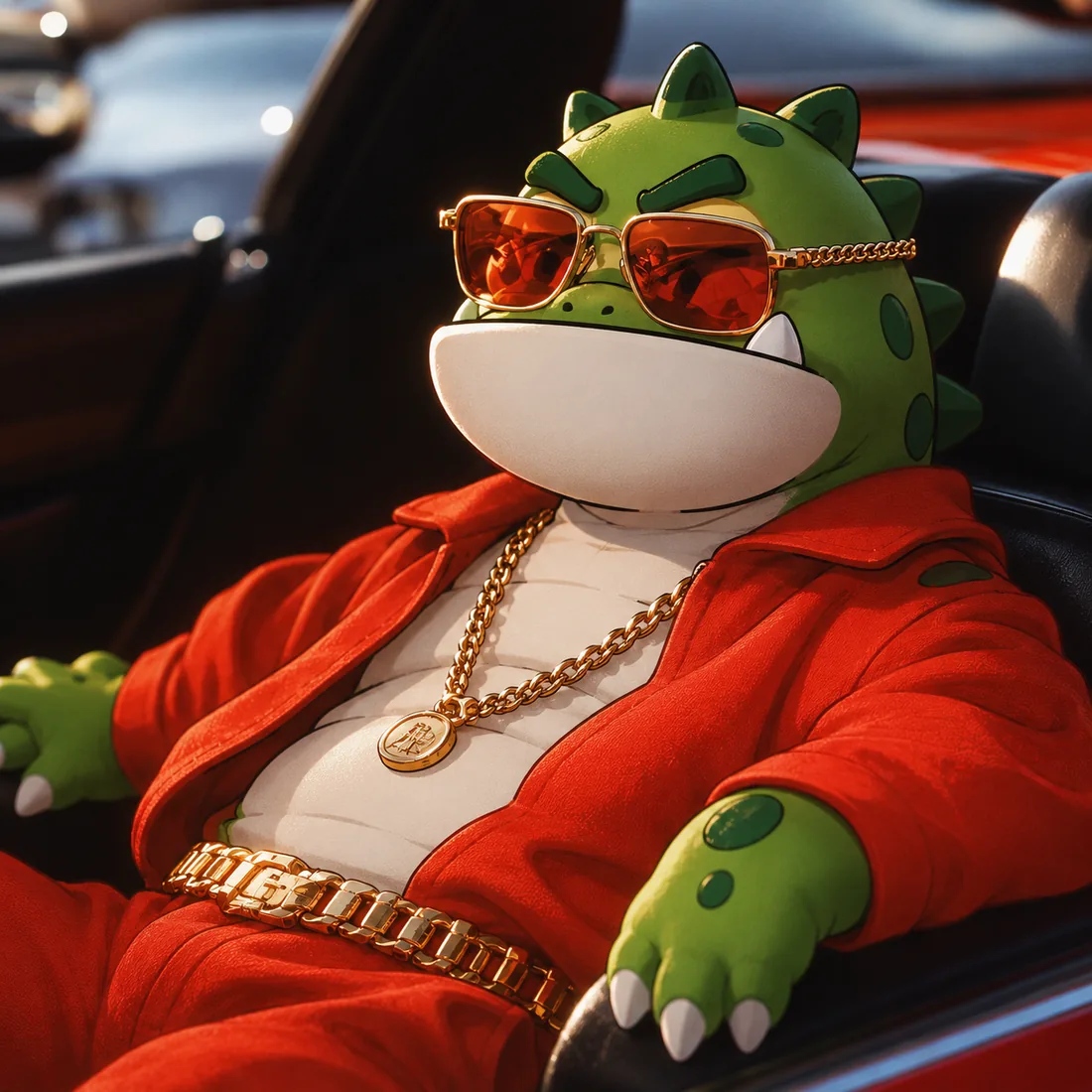 ROOK reclining in a convertible, sunglasses and gold chain on