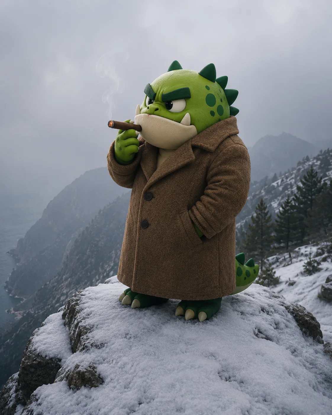 ROOK, wearing a coat and smoking a cigar, surveying his territory from a snowy cliff