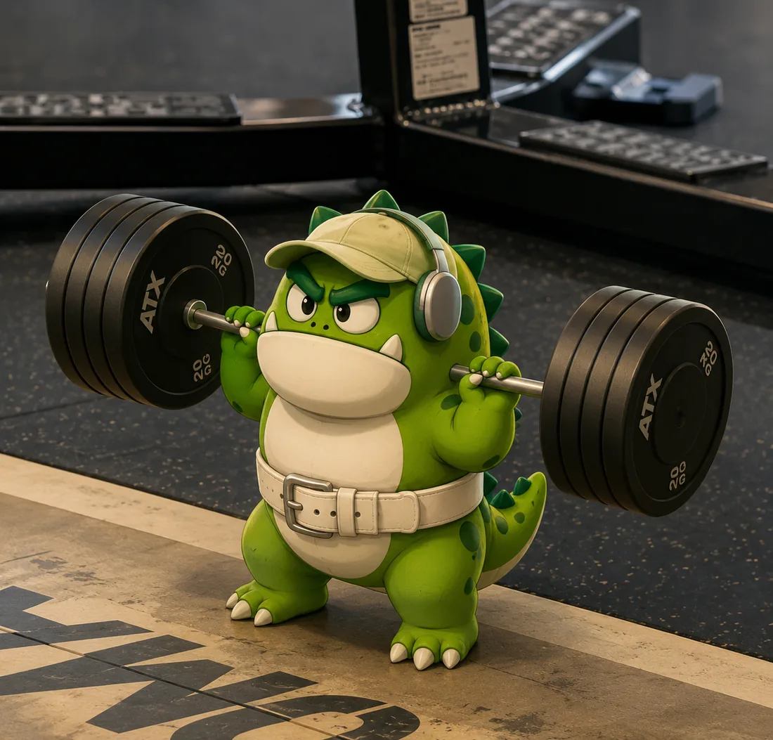 ROOK at the gym mid-deadlift, wearing a cap and headphones