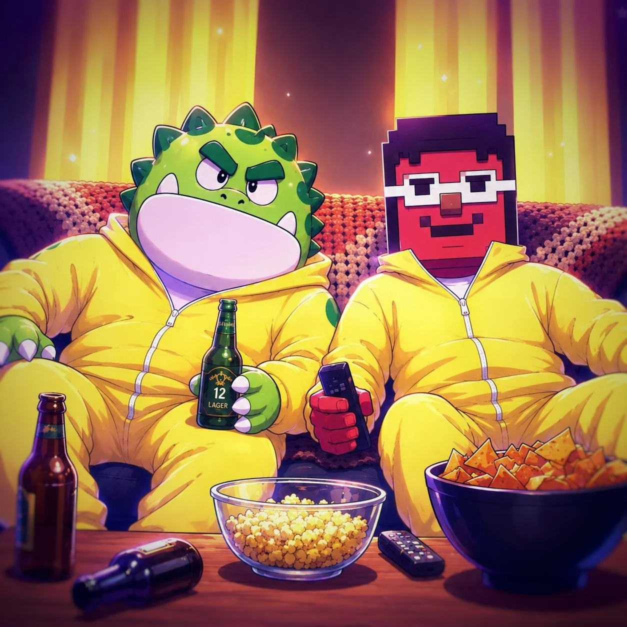 ROOK and a coworker relaxing on a couch with beer and popcorn, both in matching yellow hoodies