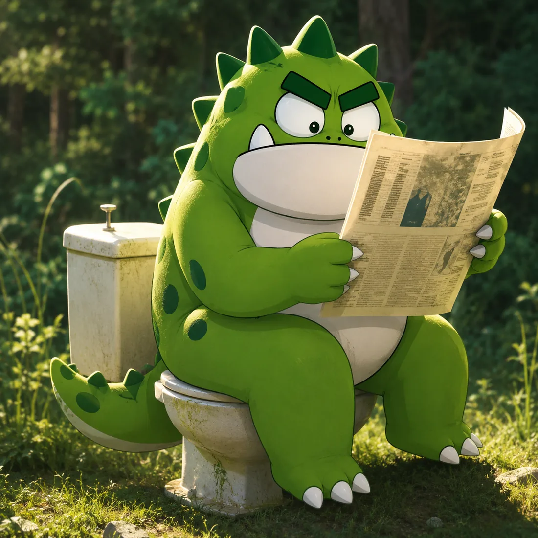 ROOK sitting outdoors reading a newspaper