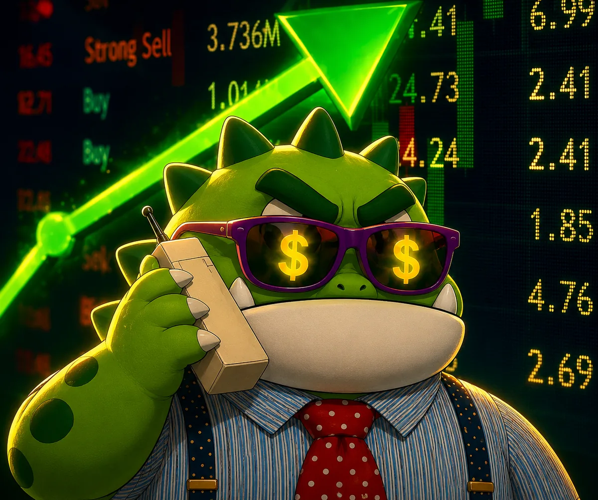 ROOK wearing a suit and gold-rimmed sunglasses with dollar signs reflected in the lenses, holding a phone in front of stock tickers